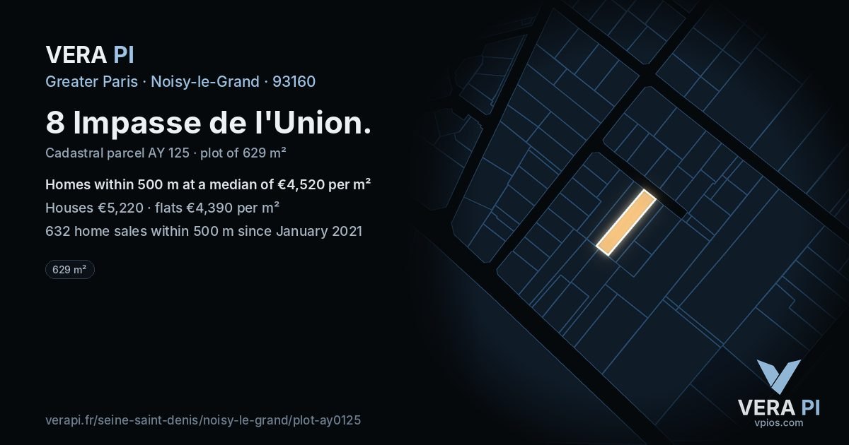 8 Impasse de l'Union, Noisy-le-Grand at night – the plot lit, the parcels around coloured by the prices near them