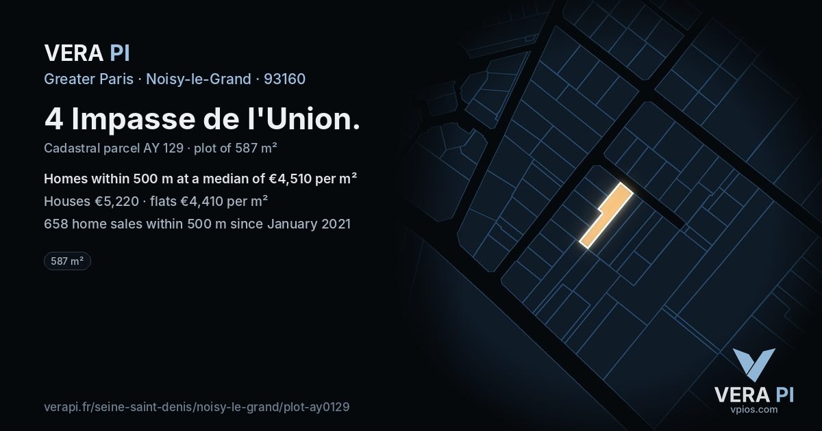 4 Impasse de l'Union, Noisy-le-Grand at night – the plot lit, the parcels around coloured by the prices near them