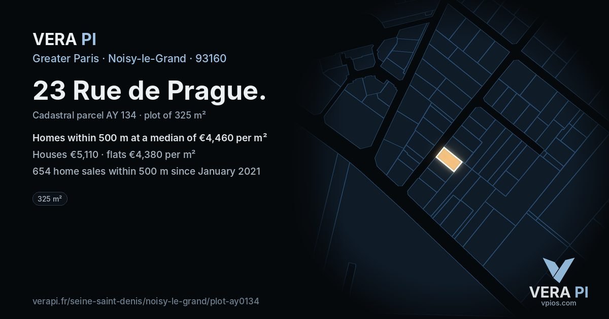 23 Rue de Prague, Noisy-le-Grand at night – the plot lit, the parcels around coloured by the prices near them