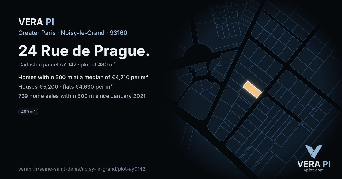24 Rue de Prague, Noisy-le-Grand at night – the plot lit, the parcels around coloured by the prices near them