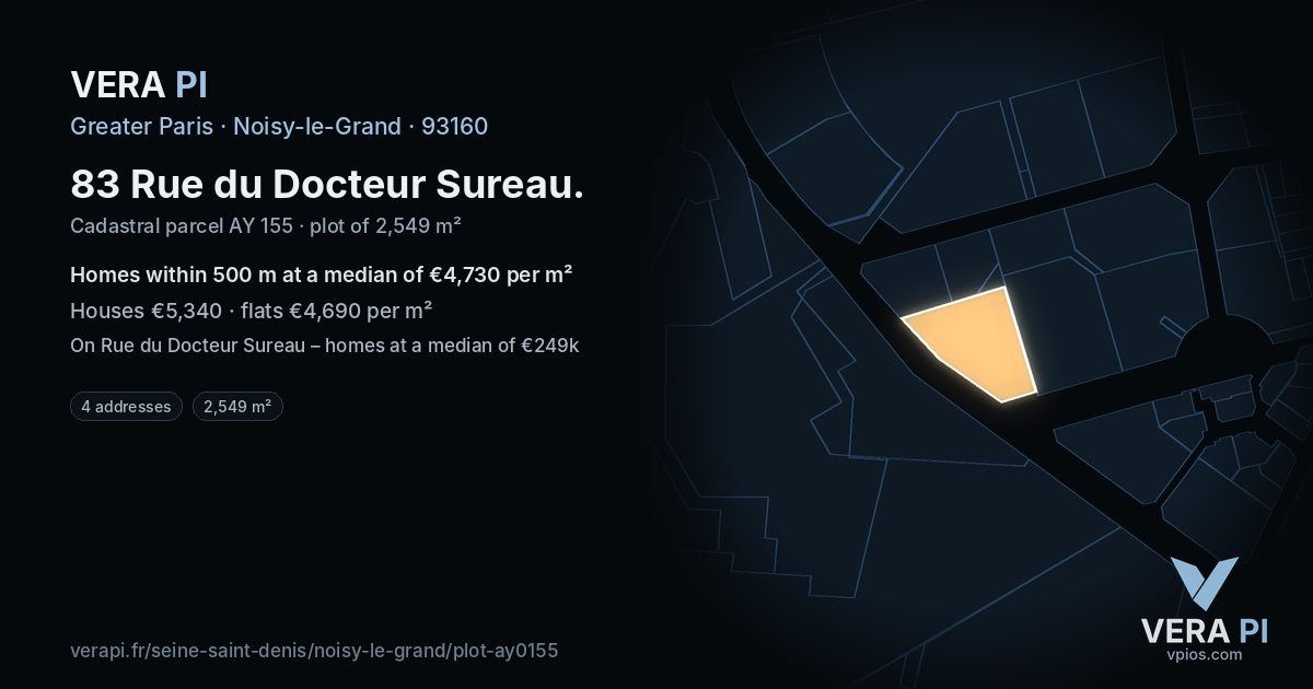 83 Rue du Docteur Sureau, Noisy-le-Grand at night – the plot lit, the parcels around coloured by the prices near them