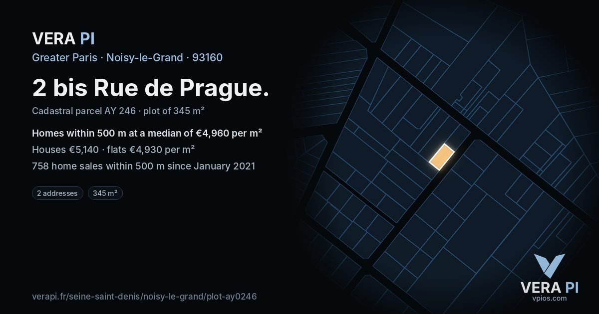 2 bis Rue de Prague, Noisy-le-Grand at night – the plot lit, the parcels around coloured by the prices near them