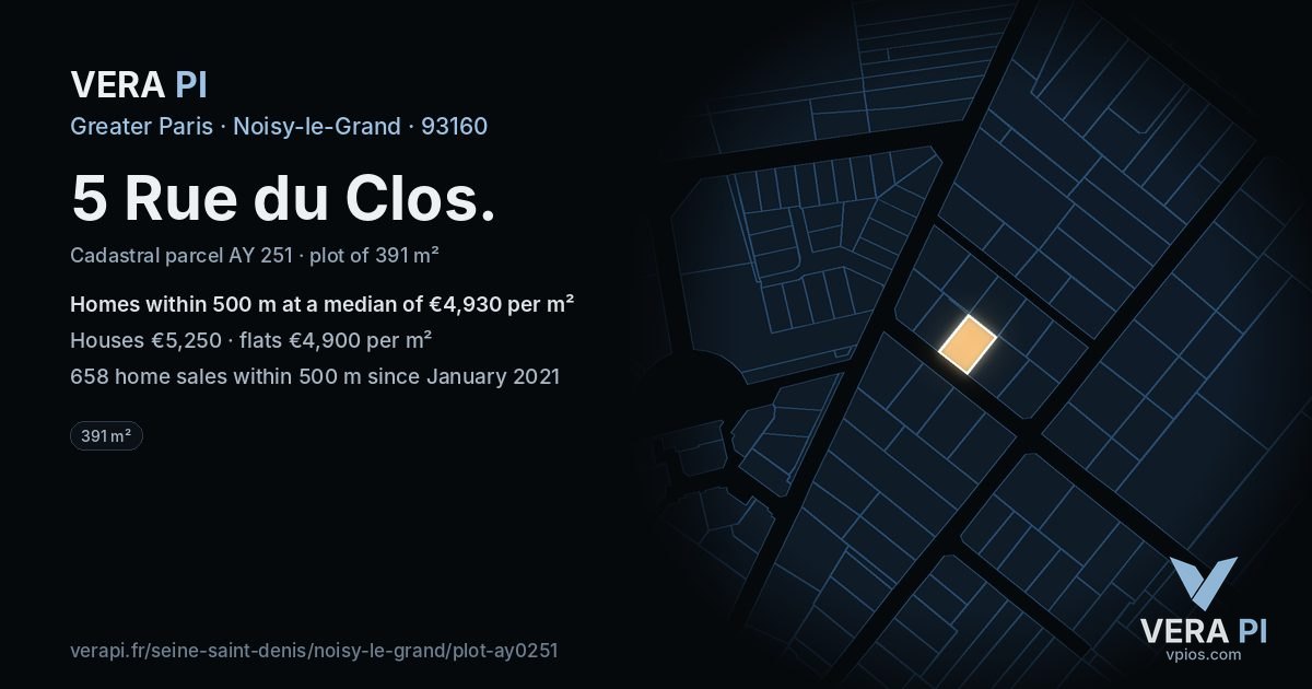 5 Rue du Clos, Noisy-le-Grand at night – the plot lit, the parcels around coloured by the prices near them