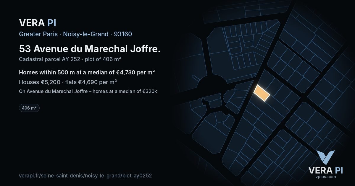 53 Avenue du Marechal Joffre, Noisy-le-Grand at night – the plot lit, the parcels around coloured by the prices near them