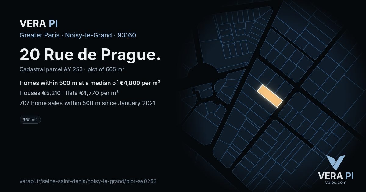 20 Rue de Prague, Noisy-le-Grand at night – the plot lit, the parcels around coloured by the prices near them