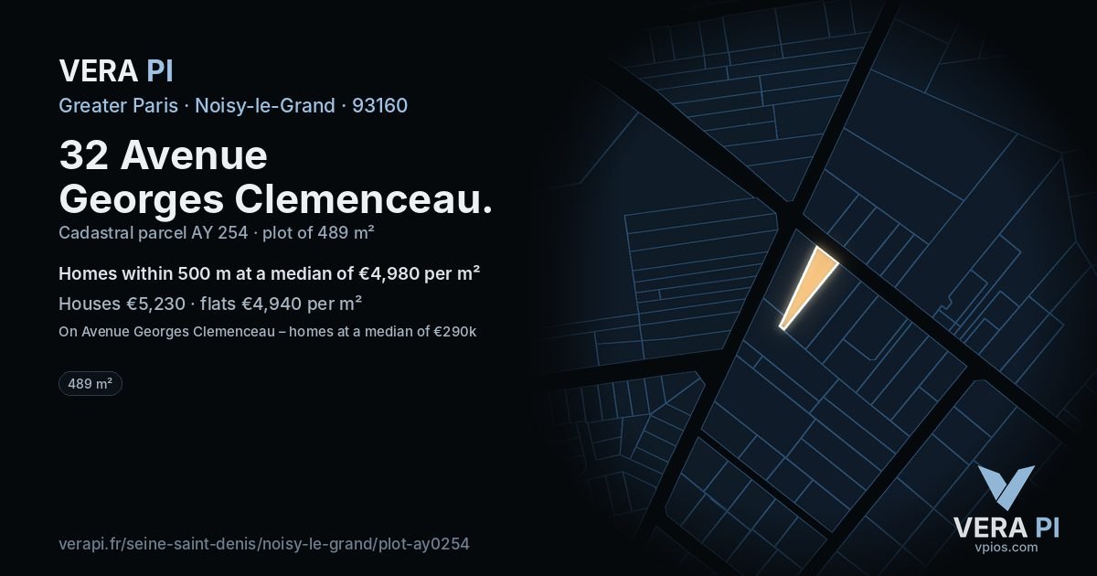 32 Avenue Georges Clemenceau, Noisy-le-Grand at night – the plot lit, the parcels around coloured by the prices near them