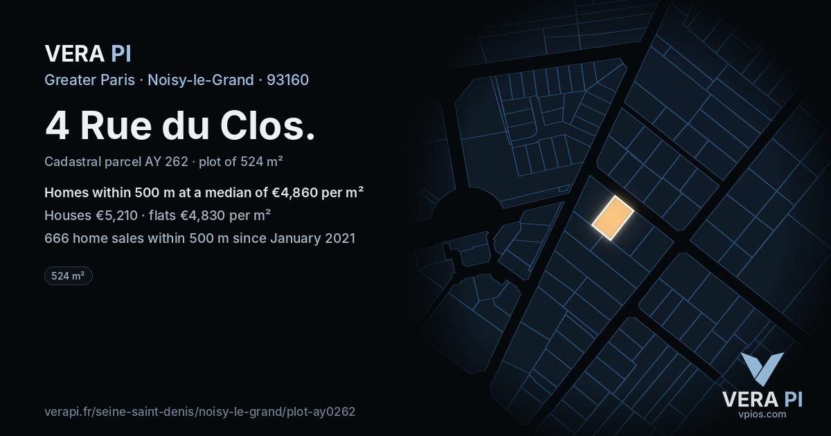 4 Rue du Clos, Noisy-le-Grand at night – the plot lit, the parcels around coloured by the prices near them