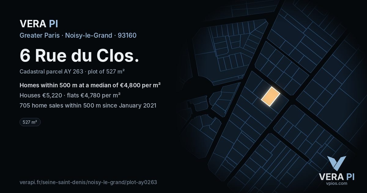 6 Rue du Clos, Noisy-le-Grand at night – the plot lit, the parcels around coloured by the prices near them