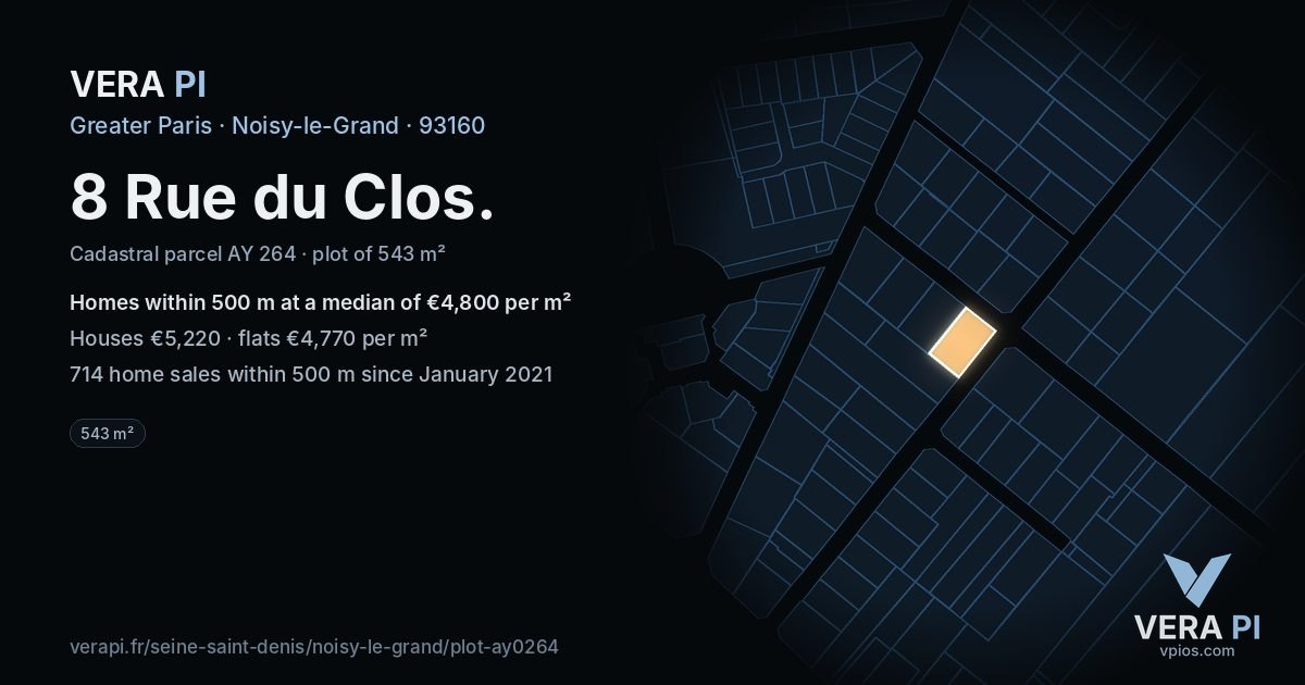 8 Rue du Clos, Noisy-le-Grand at night – the plot lit, the parcels around coloured by the prices near them