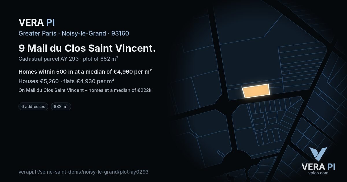 9 Mail du Clos Saint Vincent, Noisy-le-Grand at night – the plot lit, the parcels around coloured by the prices near them
