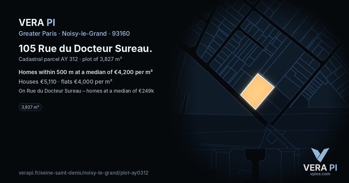 105 Rue du Docteur Sureau, Noisy-le-Grand at night – the plot lit, the parcels around coloured by the prices near them
