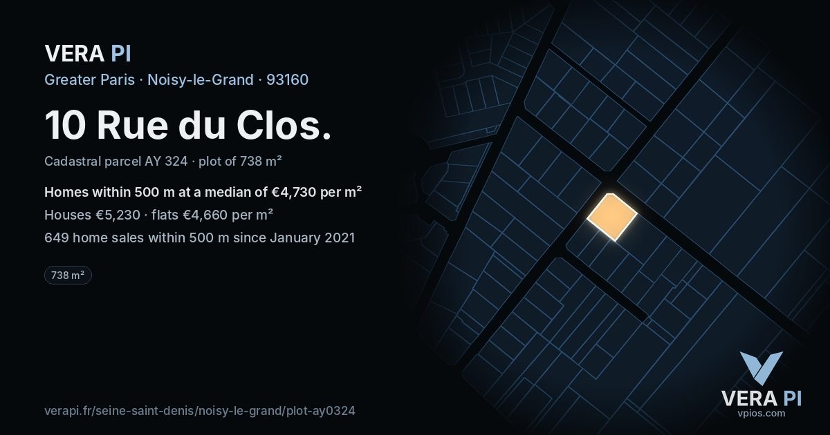 10 Rue du Clos, Noisy-le-Grand at night – the plot lit, the parcels around coloured by the prices near them
