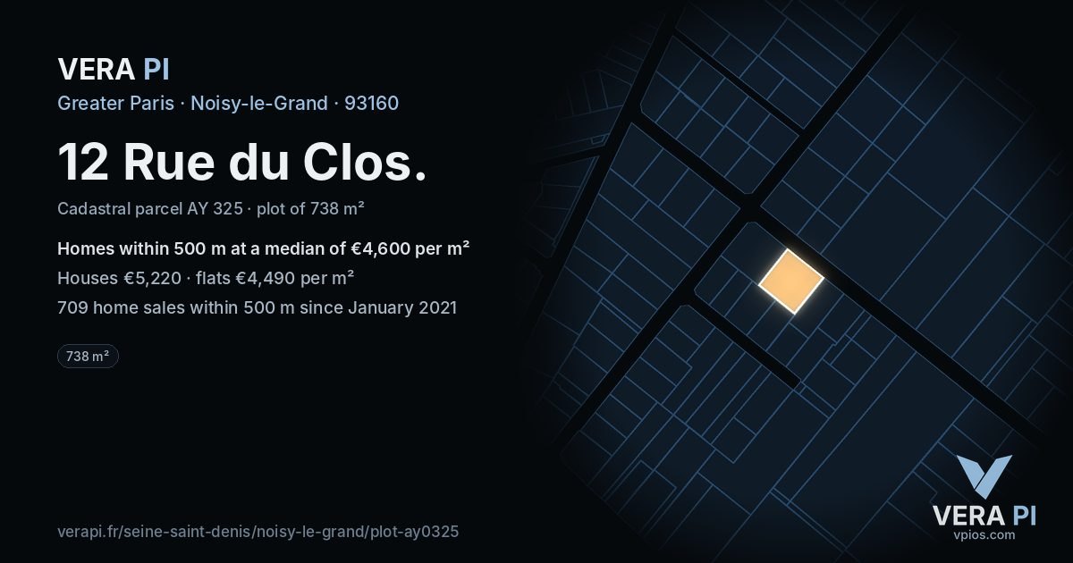 12 Rue du Clos, Noisy-le-Grand at night – the plot lit, the parcels around coloured by the prices near them