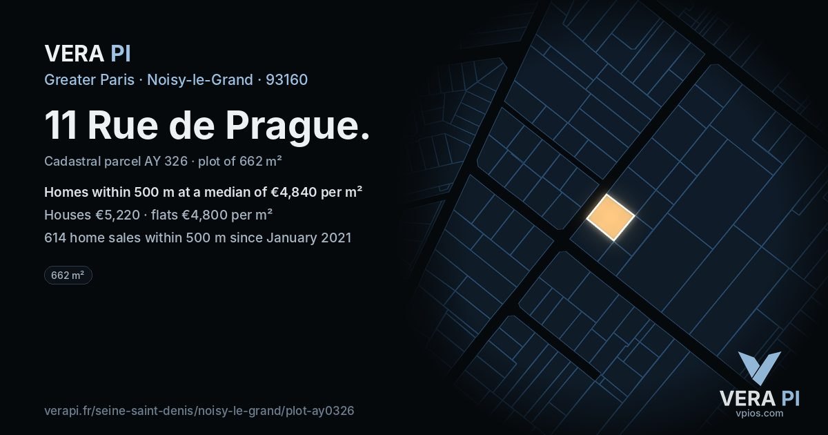 11 Rue de Prague, Noisy-le-Grand at night – the plot lit, the parcels around coloured by the prices near them