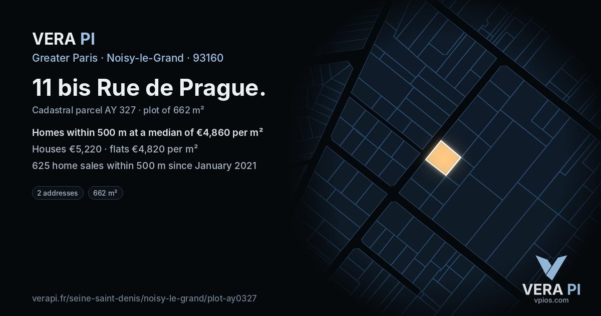 11 bis Rue de Prague, Noisy-le-Grand at night – the plot lit, the parcels around coloured by the prices near them