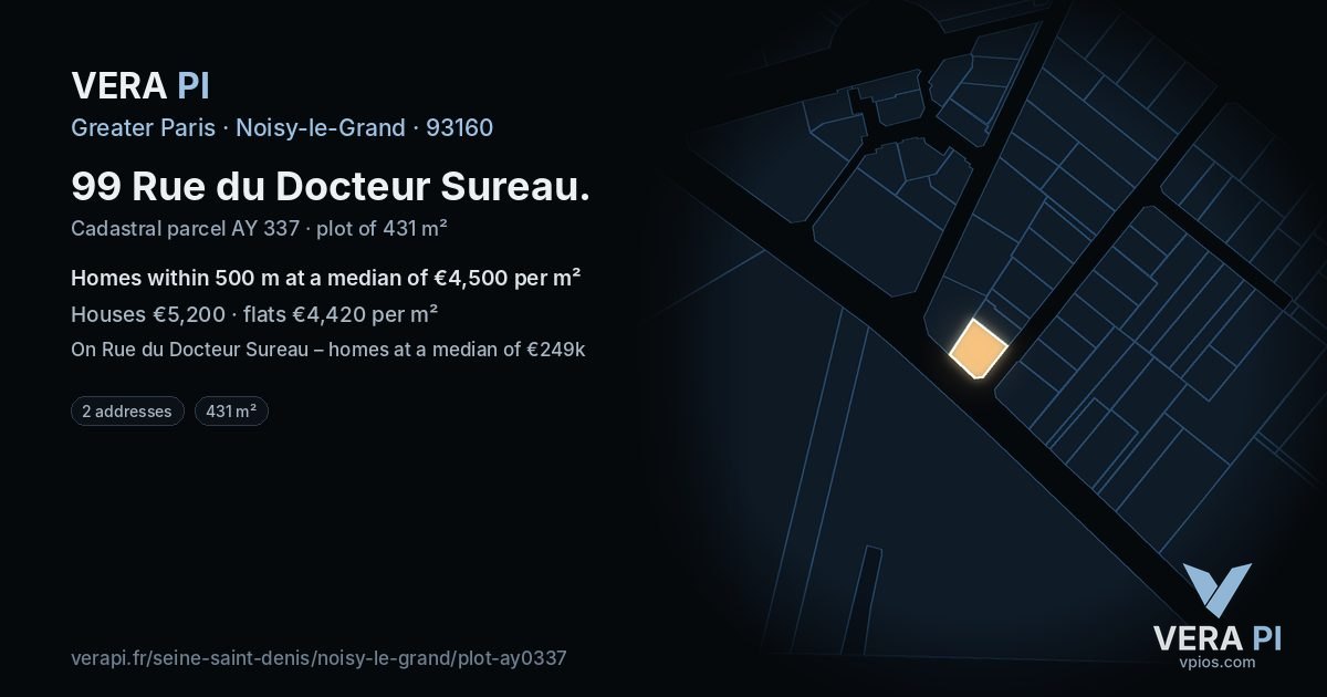 99 Rue du Docteur Sureau, Noisy-le-Grand at night – the plot lit, the parcels around coloured by the prices near them
