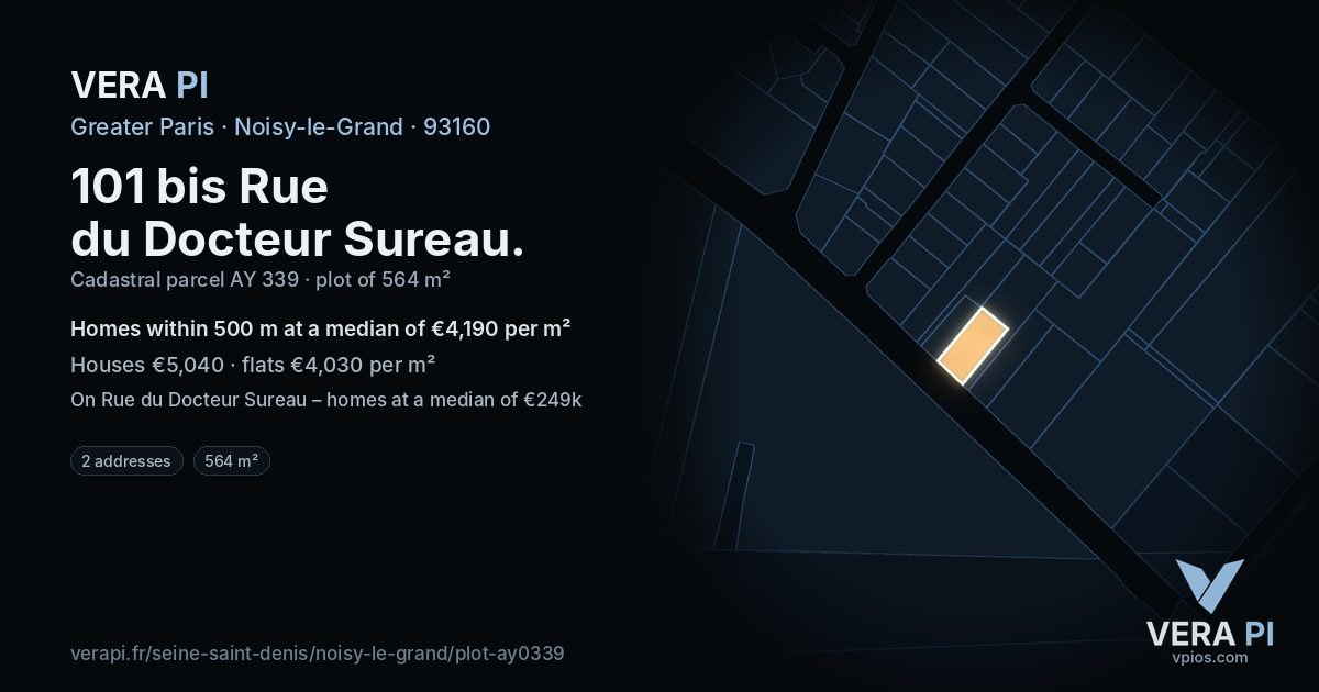 101 bis Rue du Docteur Sureau, Noisy-le-Grand at night – the plot lit, the parcels around coloured by the prices near them