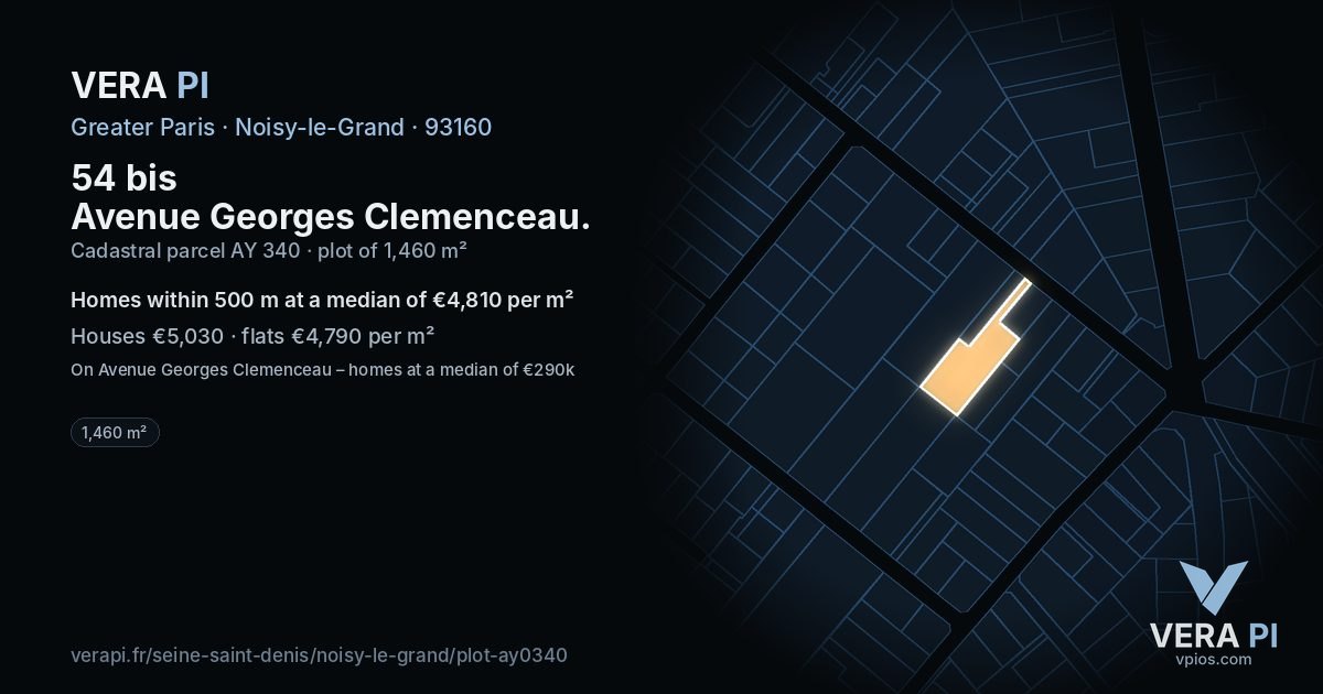 54 bis Avenue Georges Clemenceau, Noisy-le-Grand at night – the plot lit, the parcels around coloured by the prices near them