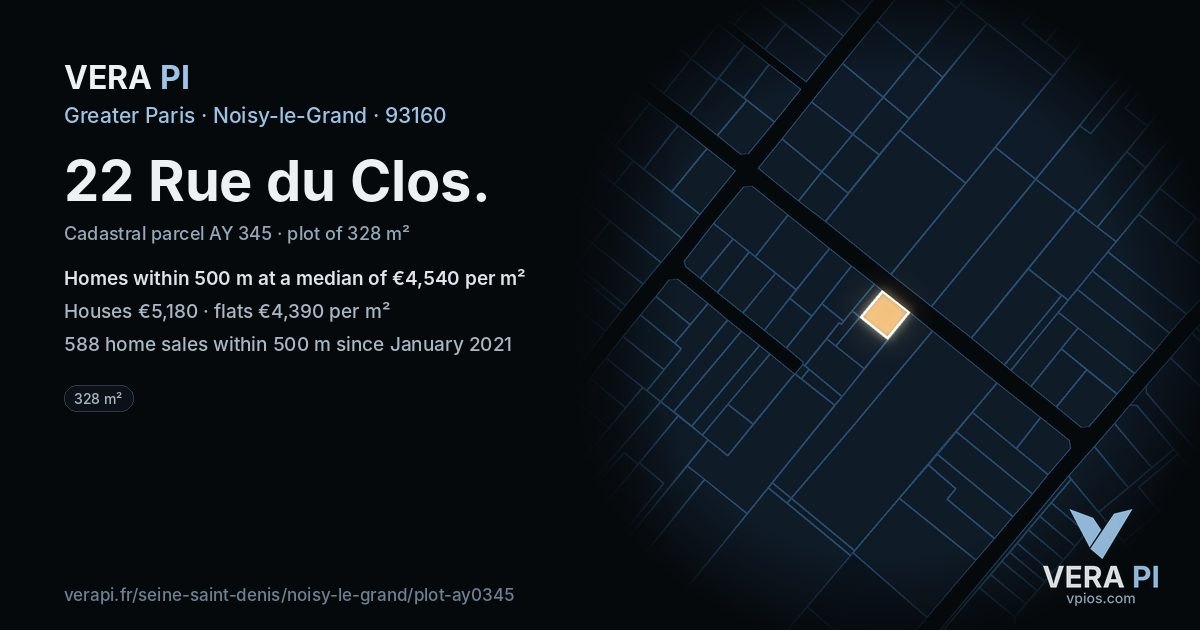 22 Rue du Clos, Noisy-le-Grand at night – the plot lit, the parcels around coloured by the prices near them