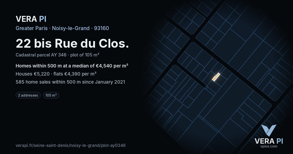 22 bis Rue du Clos, Noisy-le-Grand at night – the plot lit, the parcels around coloured by the prices near them