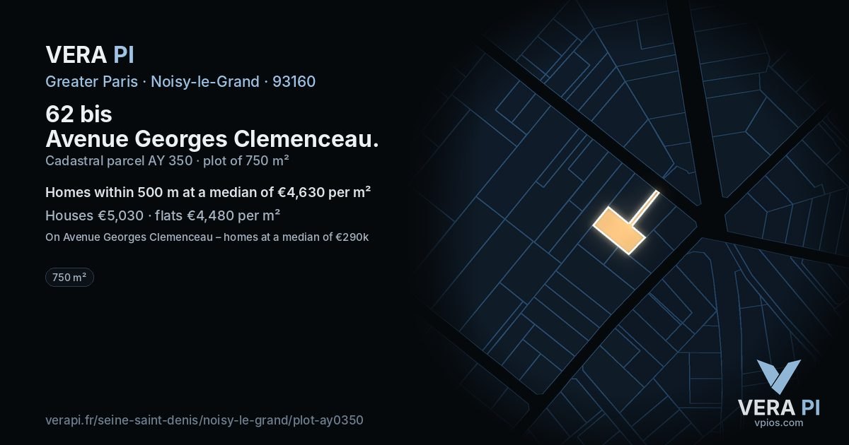 62 bis Avenue Georges Clemenceau, Noisy-le-Grand at night – the plot lit, the parcels around coloured by the prices near them