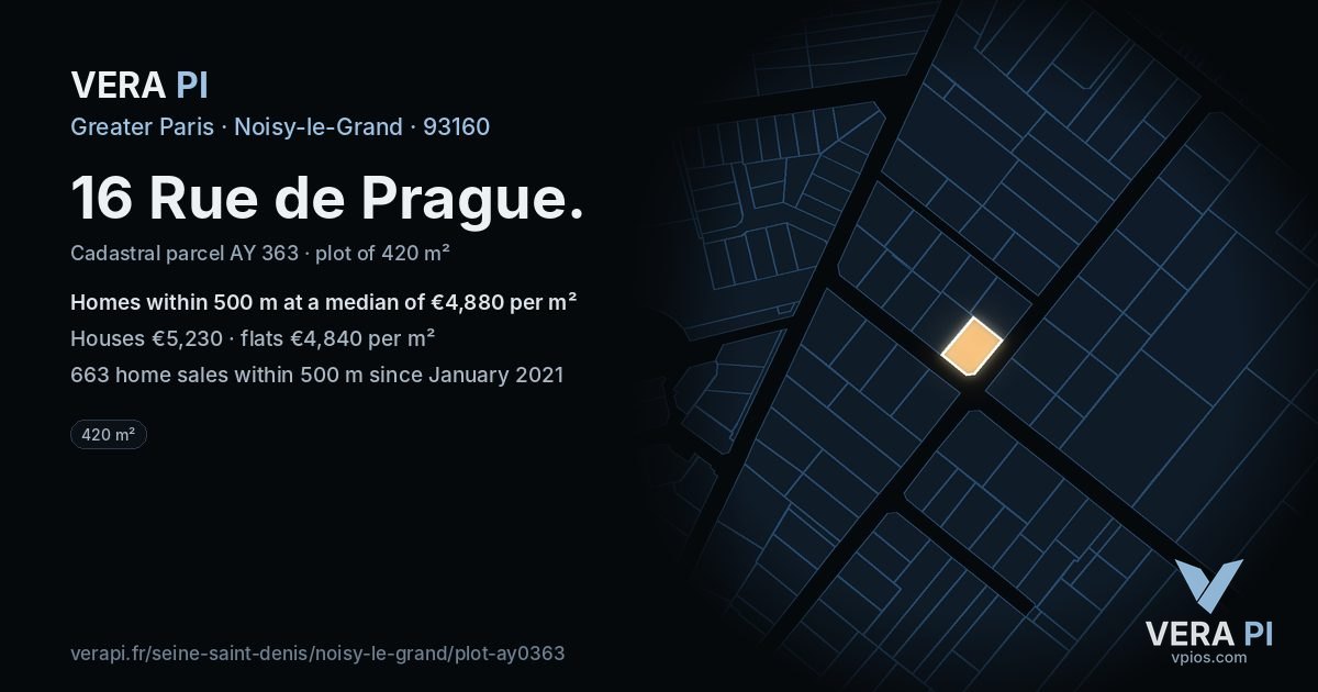 16 Rue de Prague, Noisy-le-Grand at night – the plot lit, the parcels around coloured by the prices near them