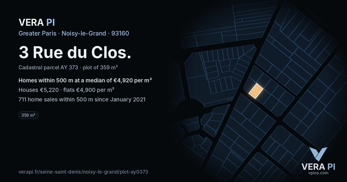 3 Rue du Clos, Noisy-le-Grand at night – the plot lit, the parcels around coloured by the prices near them
