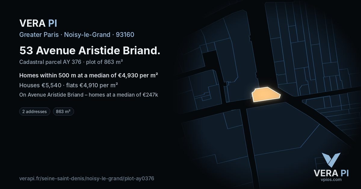 53 Avenue Aristide Briand, Noisy-le-Grand at night – the plot lit, the parcels around coloured by the prices near them