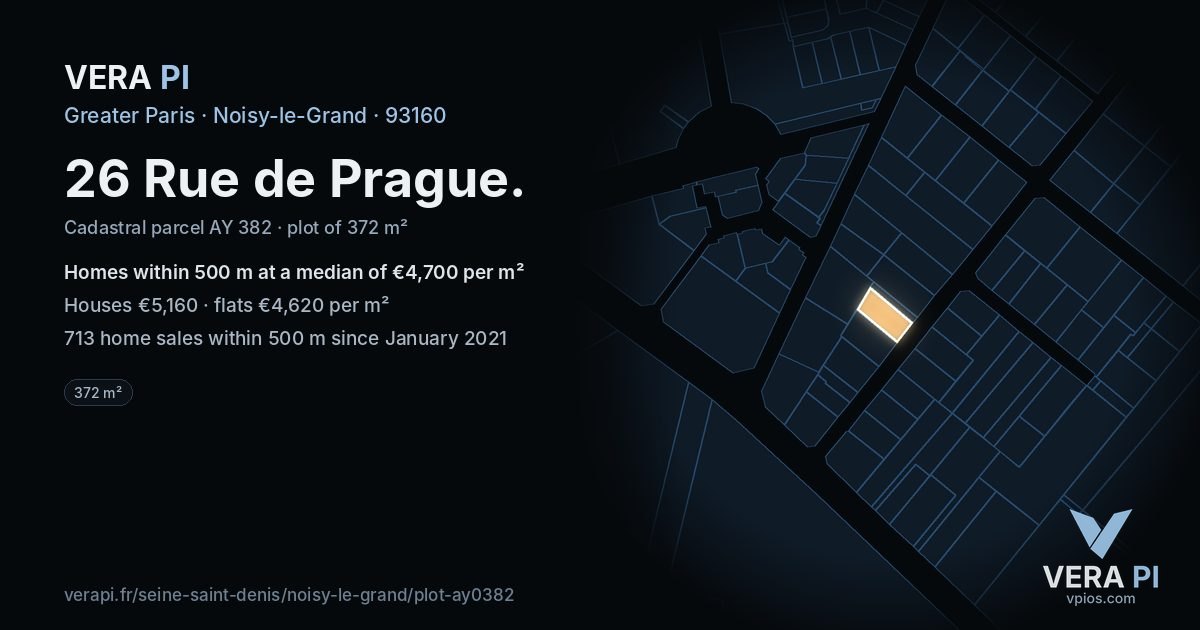26 Rue de Prague, Noisy-le-Grand at night – the plot lit, the parcels around coloured by the prices near them