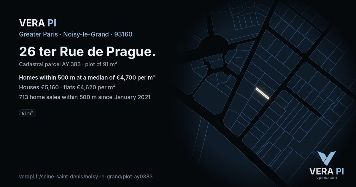 26 ter Rue de Prague, Noisy-le-Grand at night – the plot lit, the parcels around coloured by the prices near them
