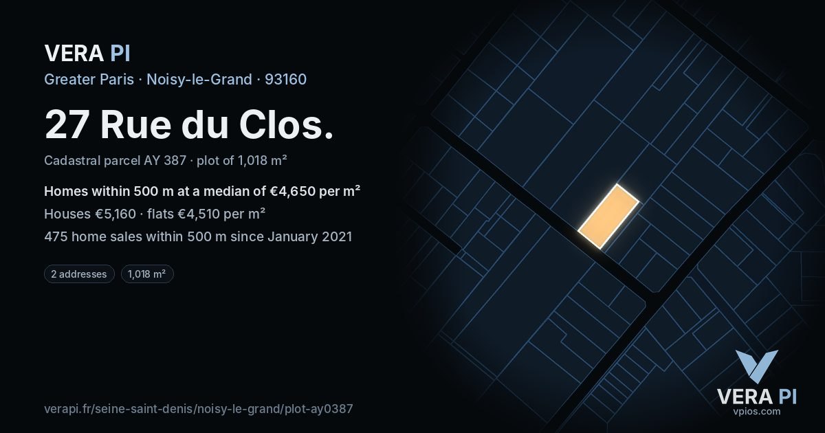 27 Rue du Clos, Noisy-le-Grand at night – the plot lit, the parcels around coloured by the prices near them
