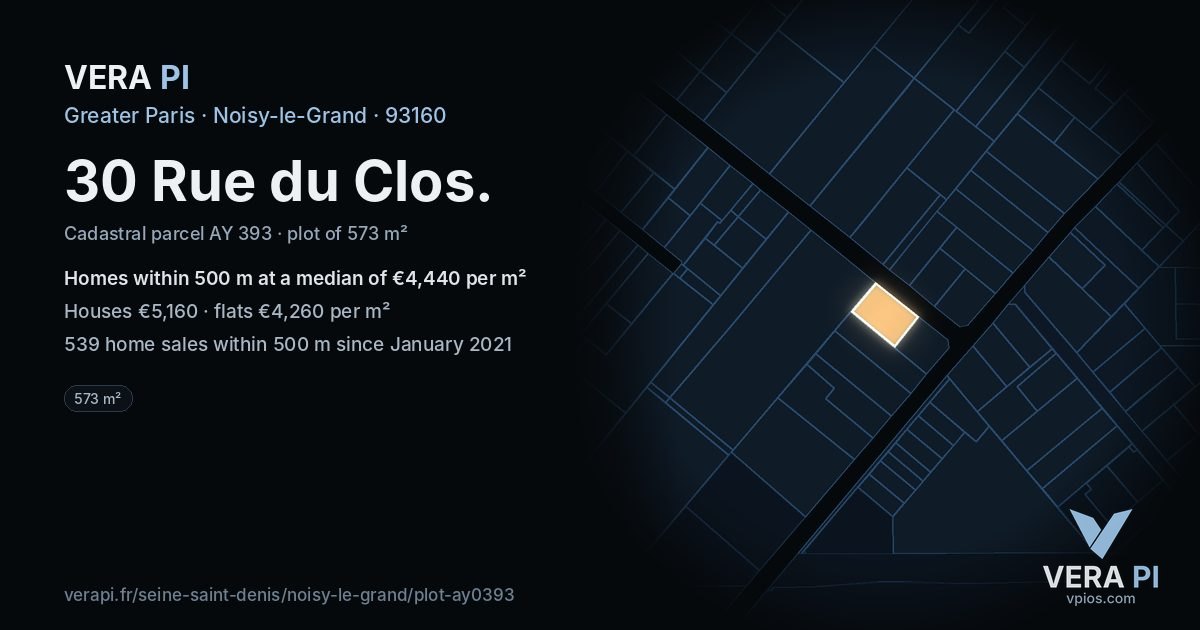 30 Rue du Clos, Noisy-le-Grand at night – the plot lit, the parcels around coloured by the prices near them