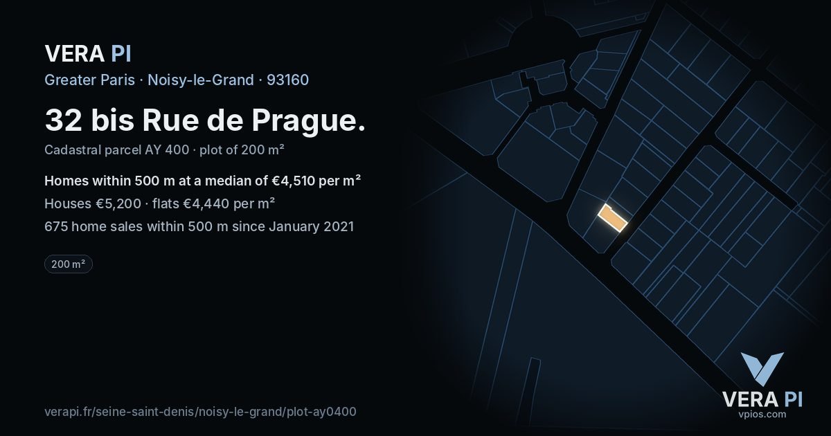 32 bis Rue de Prague, Noisy-le-Grand at night – the plot lit, the parcels around coloured by the prices near them
