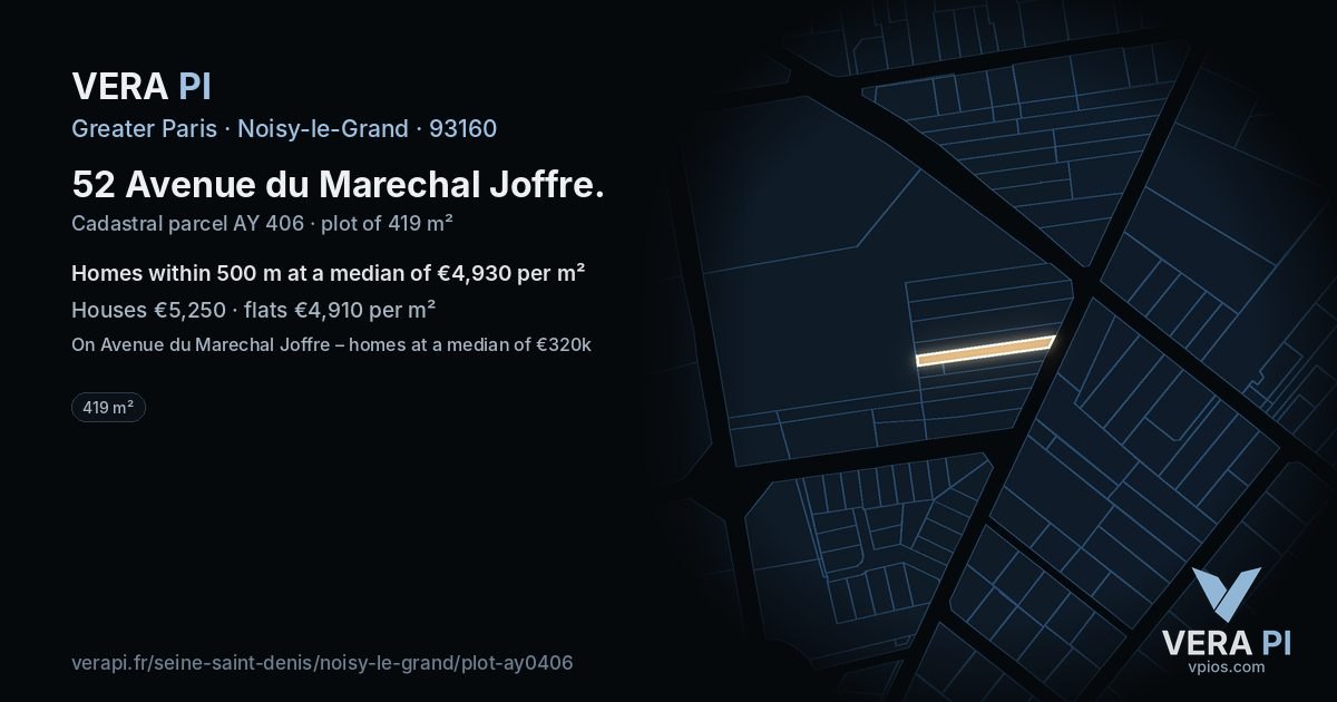 52 Avenue du Marechal Joffre, Noisy-le-Grand at night – the plot lit, the parcels around coloured by the prices near them