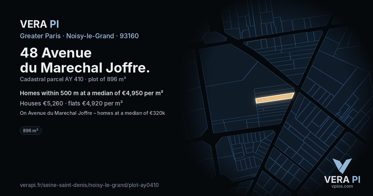 48 Avenue du Marechal Joffre, Noisy-le-Grand at night – the plot lit, the parcels around coloured by the prices near them