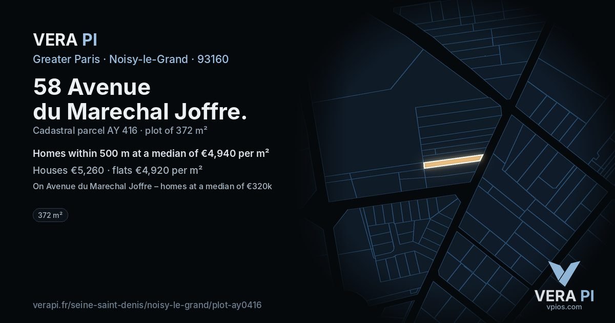 58 Avenue du Marechal Joffre, Noisy-le-Grand at night – the plot lit, the parcels around coloured by the prices near them
