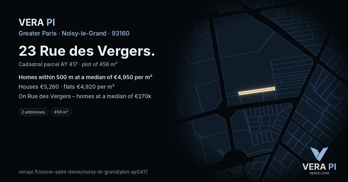 23 Rue des Vergers, Noisy-le-Grand at night – the plot lit, the parcels around coloured by the prices near them