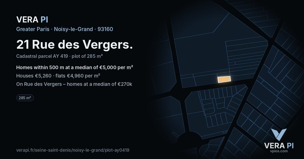 21 Rue des Vergers, Noisy-le-Grand at night – the plot lit, the parcels around coloured by the prices near them