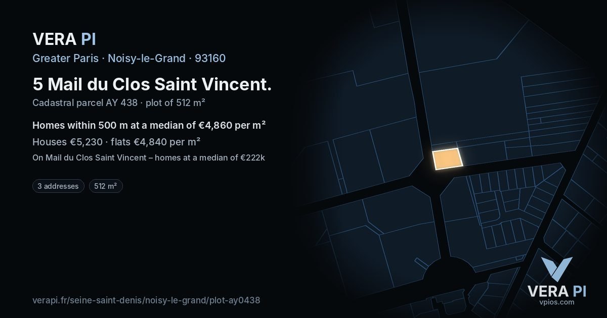 5 Mail du Clos Saint Vincent, Noisy-le-Grand at night – the plot lit, the parcels around coloured by the prices near them