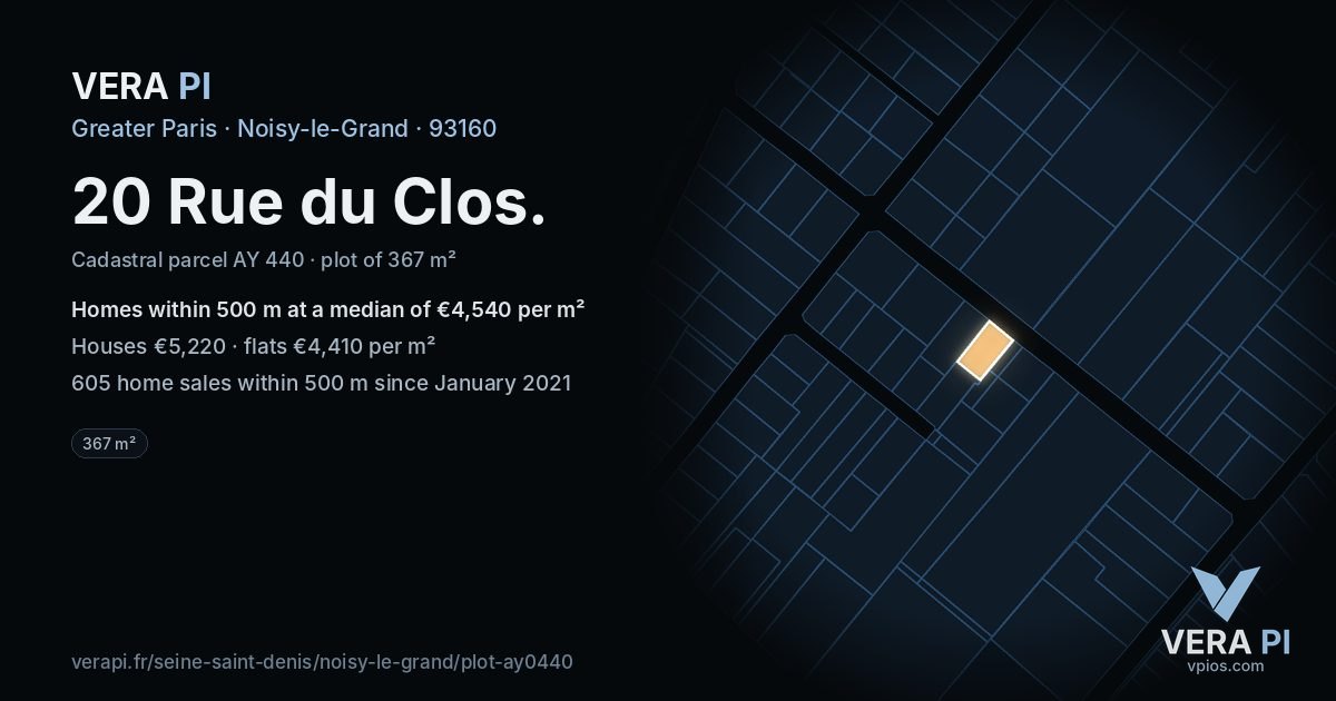 20 Rue du Clos, Noisy-le-Grand at night – the plot lit, the parcels around coloured by the prices near them