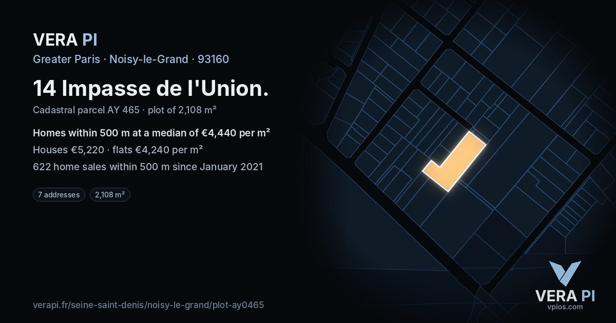 14 Impasse de l'Union, Noisy-le-Grand at night – the plot lit, the parcels around coloured by the prices near them