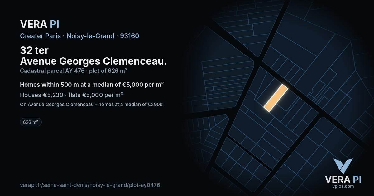 32 ter Avenue Georges Clemenceau, Noisy-le-Grand at night – the plot lit, the parcels around coloured by the prices near them