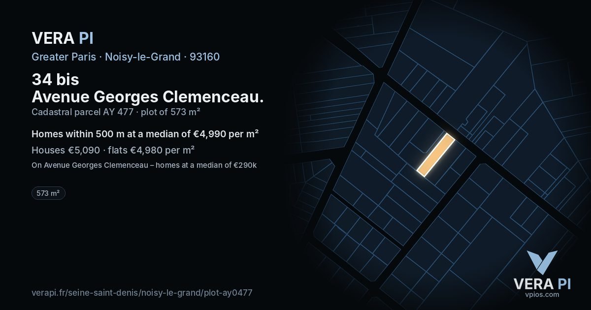 34 bis Avenue Georges Clemenceau, Noisy-le-Grand at night – the plot lit, the parcels around coloured by the prices near them