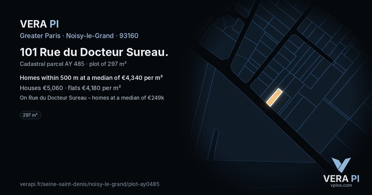 101 Rue du Docteur Sureau, Noisy-le-Grand at night – the plot lit, the parcels around coloured by the prices near them