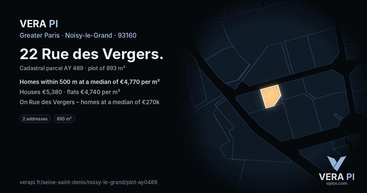 22 Rue des Vergers, Noisy-le-Grand at night – the plot lit, the parcels around coloured by the prices near them