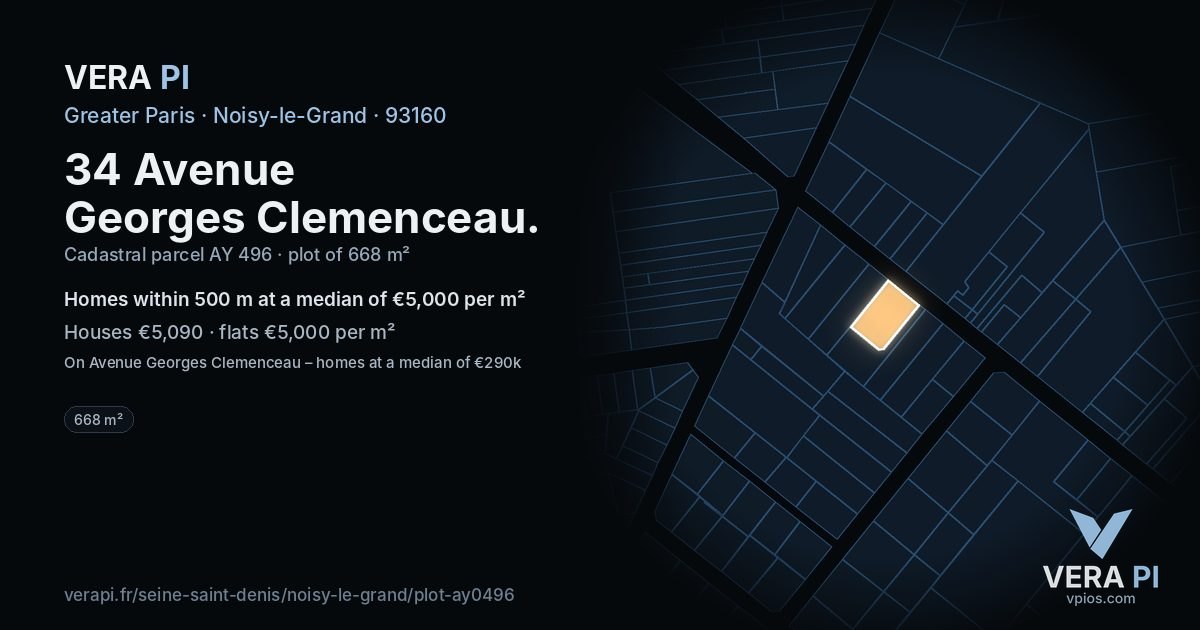 34 Avenue Georges Clemenceau, Noisy-le-Grand at night – the plot lit, the parcels around coloured by the prices near them