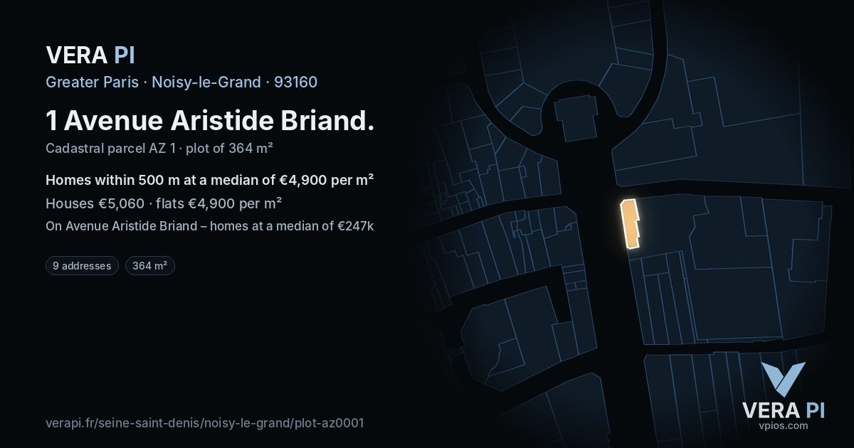1 Avenue Aristide Briand, Noisy-le-Grand at night – the plot lit, the parcels around coloured by the prices near them