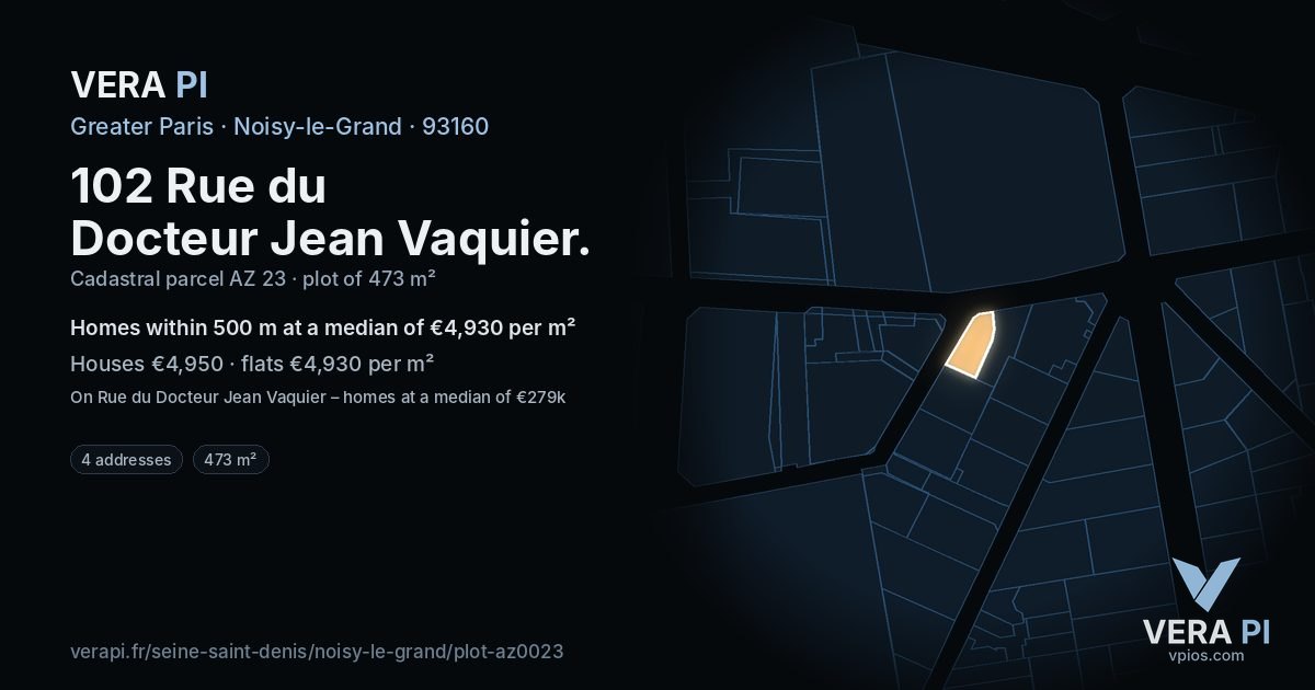 102 Rue du Docteur Jean Vaquier, Noisy-le-Grand at night – the plot lit, the parcels around coloured by the prices near them