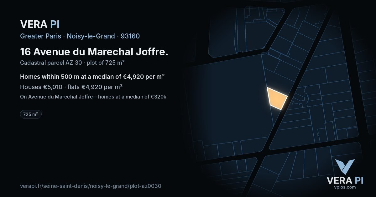 16 Avenue du Marechal Joffre, Noisy-le-Grand at night – the plot lit, the parcels around coloured by the prices near them
