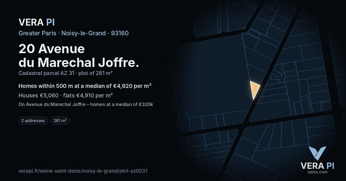 20 Avenue du Marechal Joffre, Noisy-le-Grand at night – the plot lit, the parcels around coloured by the prices near them